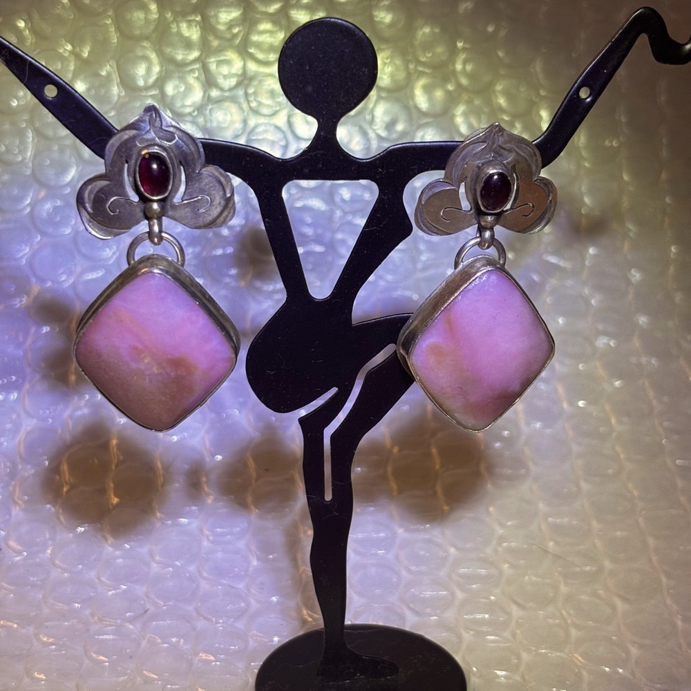 Vintage Rocki Gorman Sterling Rhodochrosite and Garnet Earrings